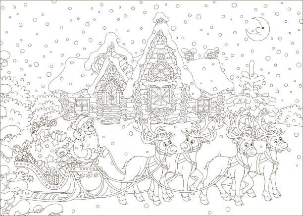 Santa with gifts in his sledge The night before Christmas, Father Frost with a big bag of presents in his sleigh with reindeers beginning the magic journey around the world, black and white vector illustration in a cartoon style christmas coloring stock illustrations