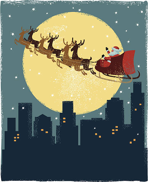 Santa's Sleigh over city Santa and reindeer flying over city in hand print texture style. EPS 10 file,  Freehand, CS5 and CS3 versions in the zip rudolph the red nosed reindeer stock illustrations