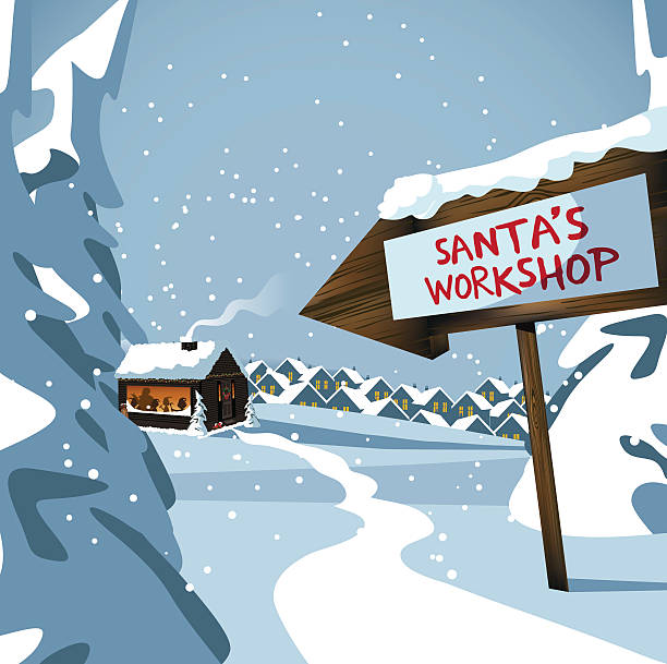illustrations, cliparts, dessins animés et icônes de atelier du père noël au pôle nord - panneau village