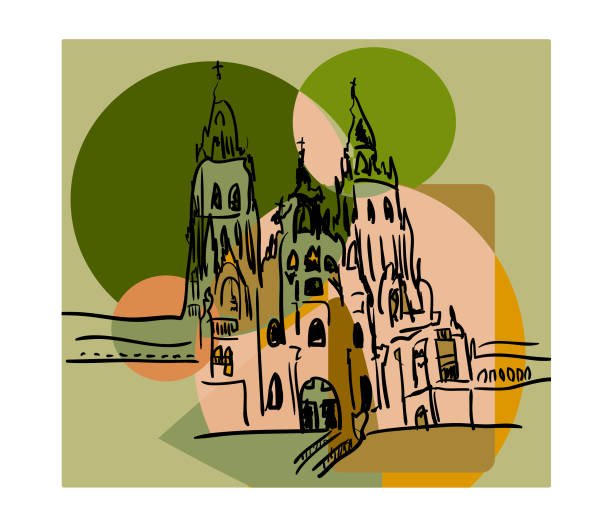 Santiago de Compostela in cubism style in beige and green colors. Vector eps 10 Santiago de Compostela in cubism style in beige and green colors. Vector eps 10. pilgrims monument stock illustrations