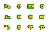 Sao Tome and Principe flag - flat collection. Flags of different shaped twelve flat icons. Vector illustration set