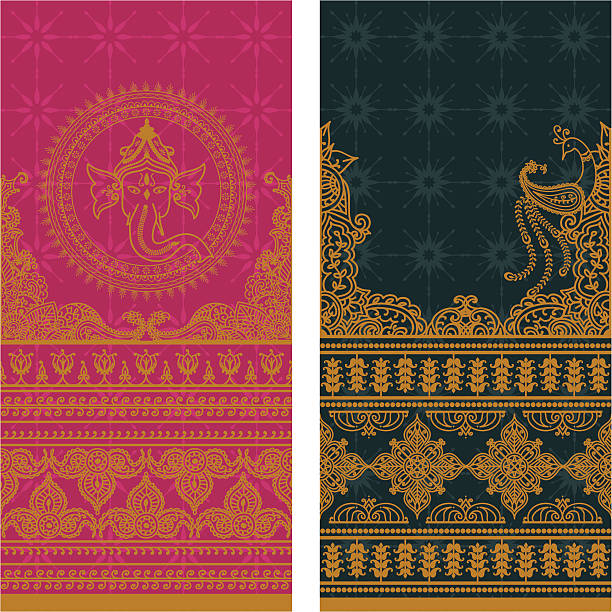 Sari Borders Tall - Gold A pair of extra tall seamless sari border designs with intricate gold details, featuring an ornate Hindu God Ganesh and peacock. (Includes .jpg)  hindu god stock illustrations