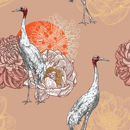 Sarus Crane Traditional Floral Seamless Pattern