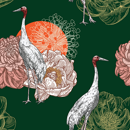 Sarus Crane Traditional Floral Seamless Pattern