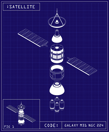 Blueprint of an outer space satellite, radar, spacecraft. Telecommunication satellite technology isometric vector illustration.