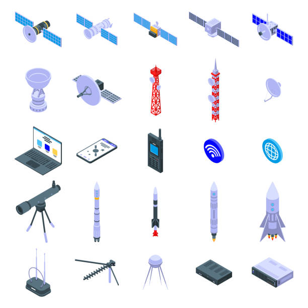 サテライト アイコン セット、アイソメスタイル - 人工衛星点のイラスト素材／クリップアート素材／マンガ素材／アイコン素材