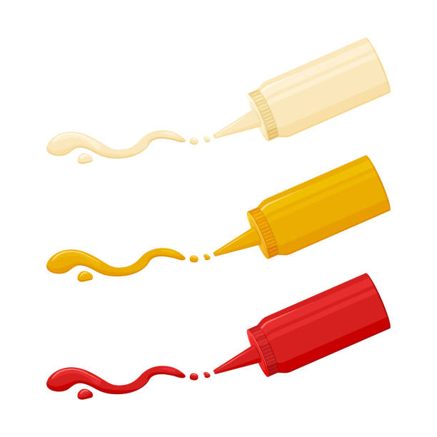 Sauce icon, mayonnaise, mustard and ketchup. Hot spice sauce packed in plastic bottle. Vector Sauce icon, mayonnaise, mustard and ketchup. Hot spice sauce packed in plastic bottle. Vector illustration ketchup smear stock illustrations
