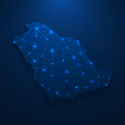Saudi Arabia map network - Bright mesh on dark blue background
