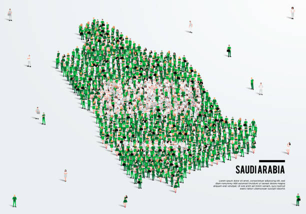 Saudi Arabia or KSA Map and Flag. A large group of people in the Saudi Arabia flag color form to create the map. Vector Illustration. vector art illustration