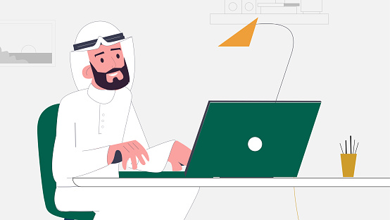 Saudi Character working on Laptop