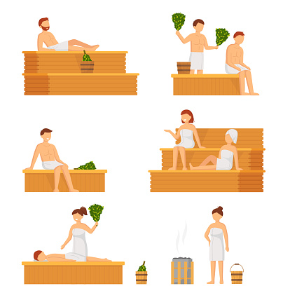 Sauna and spa procedures isolated. People in banya. Relaxation body care and therapy