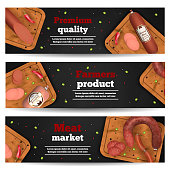 Meat market horizontal banners with realistic icons advertising premium quality farmers product vector illustration