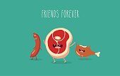 Funny sausage, steak and chicken leg. Friend forever. Vector illustrations.