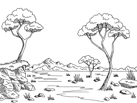 Savannah graphic black white landscape sketch illustration vector