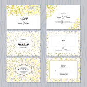 RSVP Cards Set with Gold Confetti Borders. Vector Wedding Invitations Design.