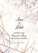 Save the date design template. Invitation to a holiday party. White marble background and rose gold geometric pattern. Dimensions 4,625x6,25 inch, 0.125 bleed size. Seamless pattern included. Eps10.