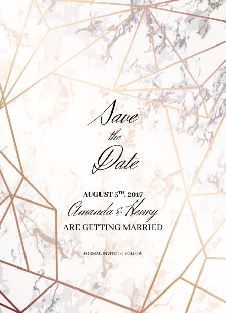 Save the date design template for Getting married Save the date design template. Invitation to a holiday party. White marble background and rose gold geometric pattern. Dimensions 4,625x6,25 inch, 0.125 bleed size. Seamless pattern included. Eps10. rose gold background stock illustrations