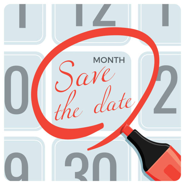 Save the date poster with red circle mark on calendar Save the date poster with red circle mark on calendar made by red pencil vector illustration. Memory note on list with days, memorable event holiday calendars stock illustrations