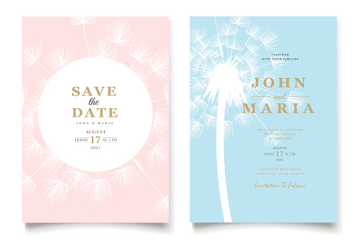Save the date template in pastel colors with white transparent fluffy dandelions