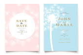 Save the date template in pastel colors with white transparent fluffy dandelions. Elegant wedding invitation