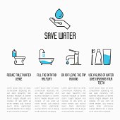 Save water concept: toilet, bathtub, tap and brushing teeth economy usage. Thin line vector illustration.