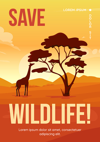 Save wildlife poster flat vector template. Wild animals habitats protection. Brochure, booklet one page concept design with cartoon landscape. Wildlife conservation flyer, leaflet with copy space
