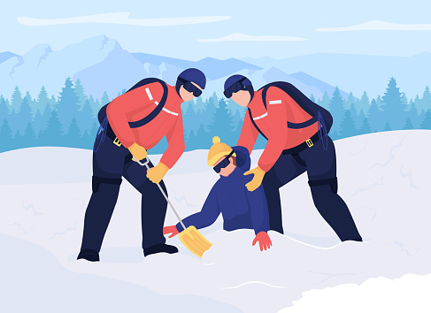 Saving life in avalanche flat color vector illustration