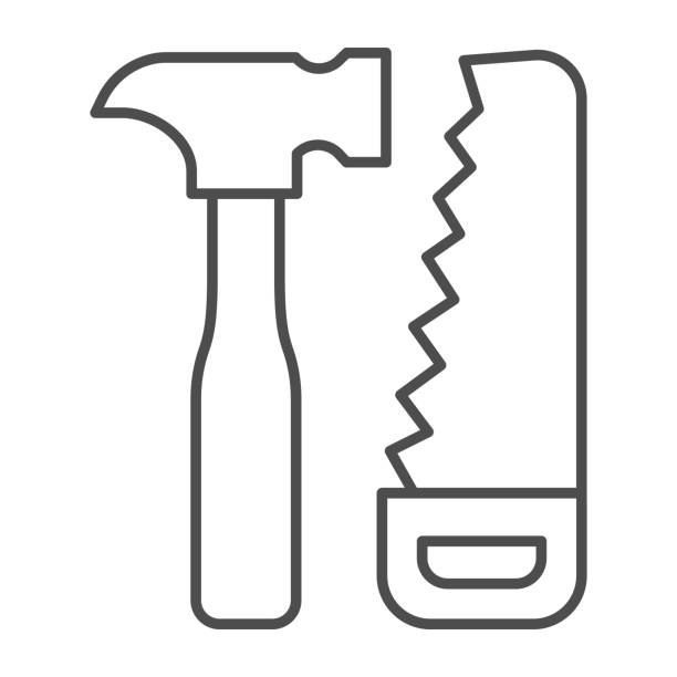 ilustrações de stock, clip art, desenhos animados e ícones de saw and hammer thin line icon, house repair concept, carpentry tools sign on white background, hand saw and hammer icon in outline style for mobile concept and web design. vector graphics. - plastic hammers