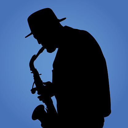 Vector silhouette of a musician playing a saxophone an a blue background. vector