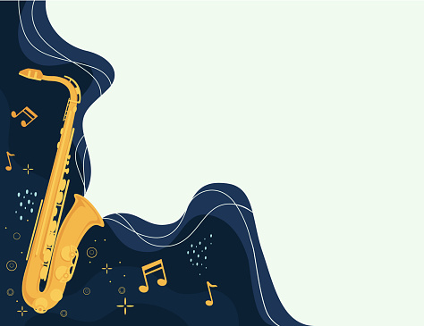 Saxophone musical instrument with flowing musical notes flat vector illustration