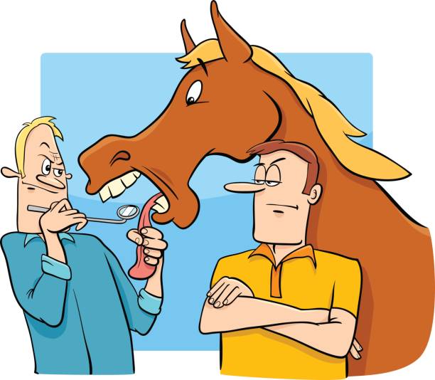 illustrazioni stock, clip art, cartoni animati e icone di tendenza di dicendo guardando un cavallo regalo in bocca cartone animato - unkind