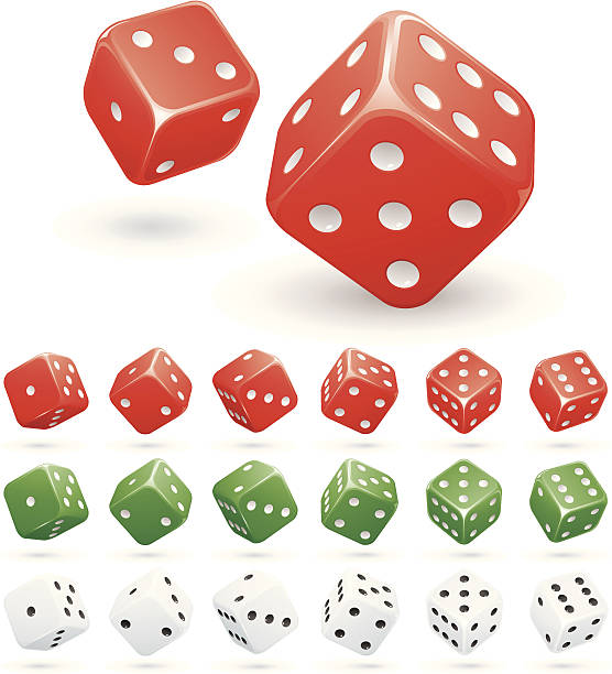 Says Various rolling dice in red, green and white. rolling stock illustrations