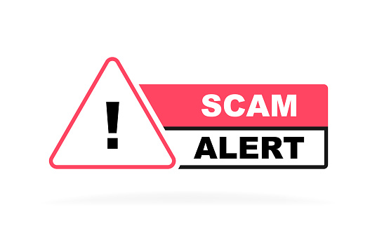 Scam alert geometric badge with exclamation mark. Modern Vector illustration.