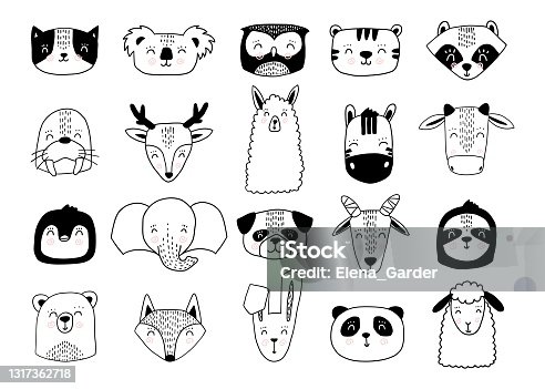 istock Scandinavian animals. Nordic cute animal set. Vector hand drawn panda, funny deer fox llama faces 1317362718