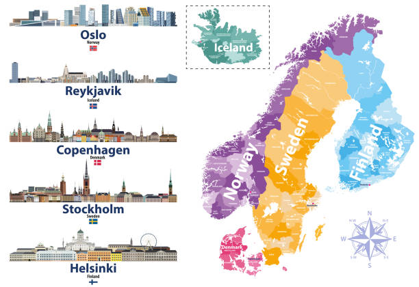 skandinavische länder karte mit hauptstädten skylines ikonen. vektor-illustration - oslo stock-grafiken, -clipart, -cartoons und -symbole