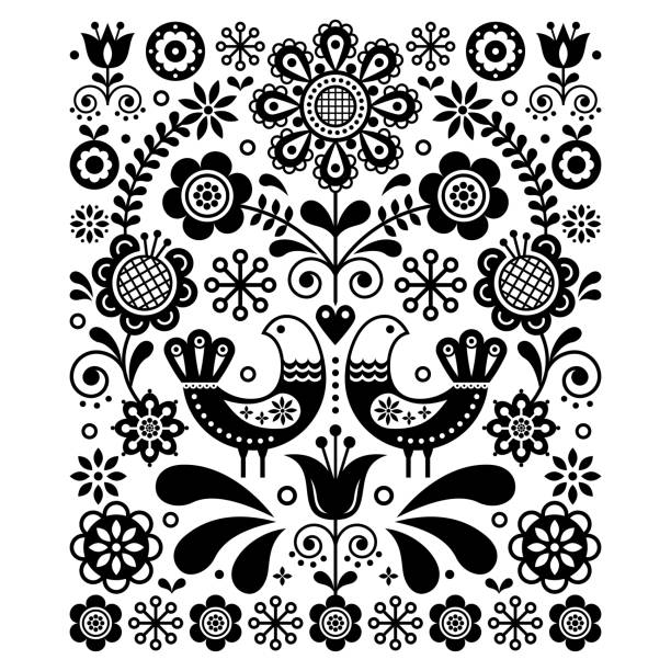Scandinavian cute folk art vector decoration with birds and flowers, Scandinavian navy black and white floral pattern Retro, traditional monochrome floral ornament inspired by Swedish and Norwegian traditional embroidery craft product stock illustrations