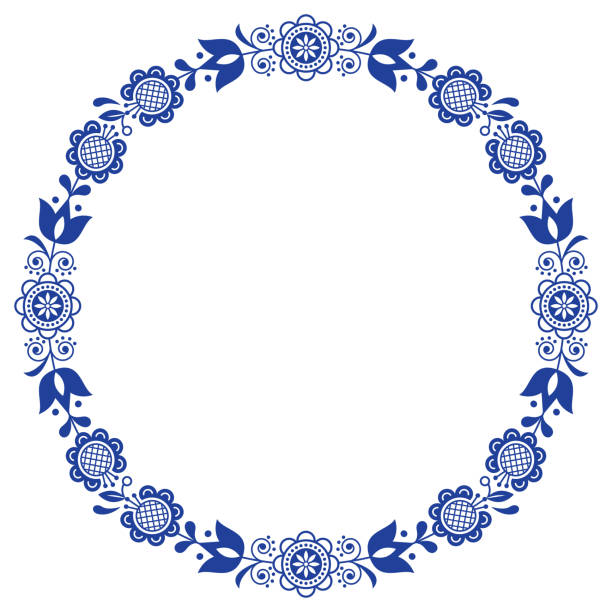 Scandinavian folk art floral werteth, vector ornamental round frame, design with flowers in circle, ethnic composition Retro flowers greeting card, birthday or wedding invitation design in navy blue on white background happy birthday in danish stock illustrations
