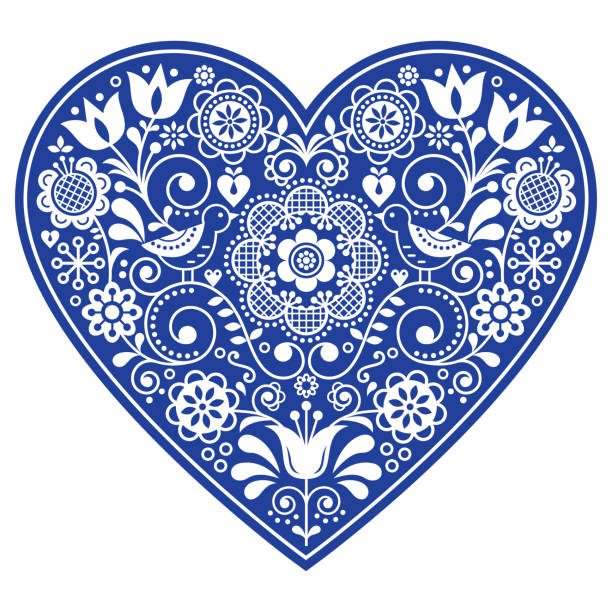 Scandinavian folk heart vector design, Valentine's day, birthday or wedding greeting card, floral pattern in white on navy blue Retro background with flowers inspired by Swedish and Norwegian traditional embroidery - love and relationship concept happy birthday in danish stock illustrations