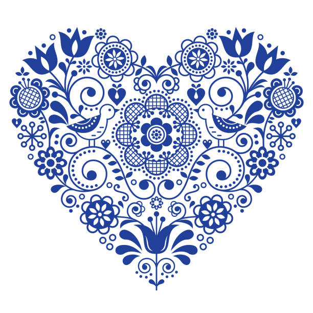 Scandinavian folk heart vector design, Valentine's Day, birthday or wedding greeting card, floral pattern in navy blue Retro background with flowers inspired by Swedish and Norwegian traditional embroidery - love and relationship concept happy birthday in danish stock illustrations