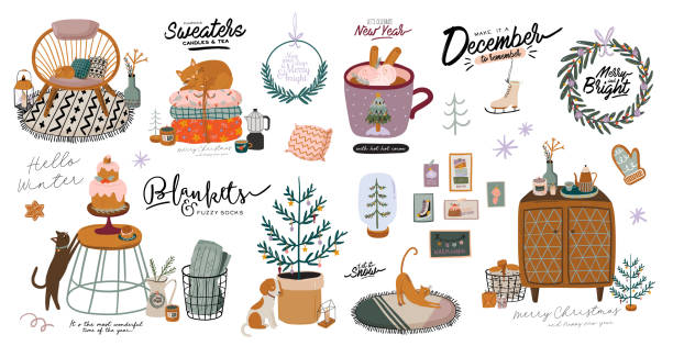 ilustraciones, imágenes clip art, dibujos animados e iconos de stock de interior escandinavo con decoraciones para el hogar de diciembre - corona, gato, árbol, regalo, velas, mesa. - candy canes