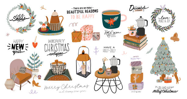 Scandinavian interior with December home decorations - wreath, cat, tree, gift, candles, table. Cozy Winter holiday season. Cute illustration and Christmas typography in Hygge style. Vector. Isolated. Scandinavian interior with December home decorations - wreath, cat, tree, gift, candles, table. Cozy Winter holiday season. Cute illustration and Christmas typography in Hygge style. Vector. Isolated. hygge stock illustrations