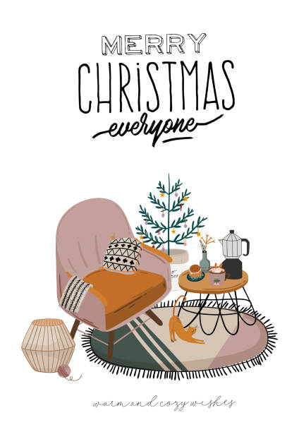 가정 장식 스칸디나비아 인테리어 - 전나무 나무, 고양이, 격자 무늬, 안락 의자, 양초, 테이블 - christmas table stock illustrations