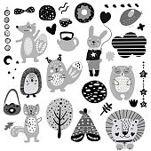 Scandinavian kids doodles elements pattern black and white monochrome set, wild hand drawn animals fox, cat, rabbit, bear, hare, lion, cloud, face, tree, cake. Cute for kids. Vector illustration.