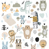 Scandinavian kids doodles elements pattern set of cute color wild animal and characters: zebra, bear, deer, squirrel, cat, rabbit, hare, crocodile, mouse, tree, mountains, lion hand drawn.