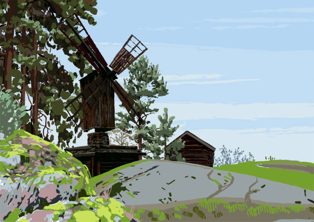 bildbanksillustrationer, clip art samt tecknat material och ikoner med skandinaviskt landskap med traditionell träkvarn och hus i klippiga bergen, omgivet av barrträd - skog sverige