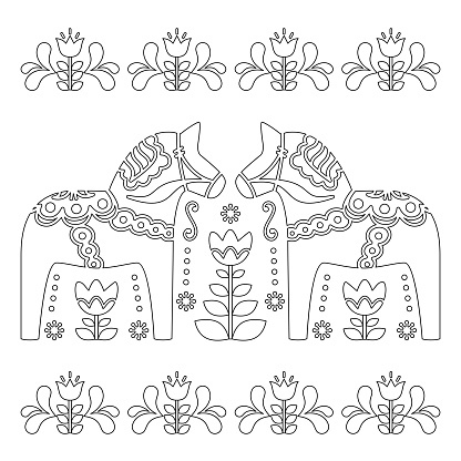 Scandinavian outline vector design, Swedish Dala or Dalecarlian horse pattern, coloring book for adults