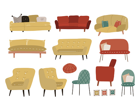 Scandinavian style set of different cushioned furniture - soca, couch, armchair, chair and ottoman. Many types of armchairs sofas for living room in modern style. Flat vector hand drawn illustration.