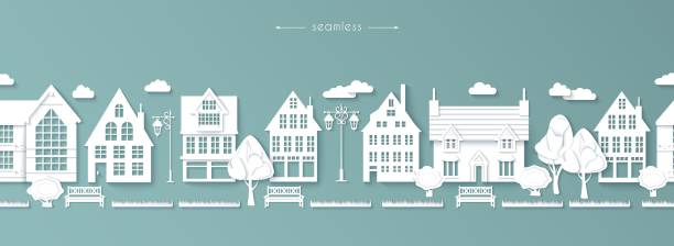 Scandinavian style street made of paper, abstract white buildings, Vector Scandinavian style street made of paper, abstract white buildings, lanterns, benches, trees, bushes, rural low-rise houses, lawns. Vector illustration paper silhouettes stock illustrations