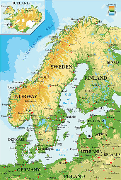 bildbanksillustrationer, clip art samt tecknat material och ikoner med scandinavia-physical map - sweden map