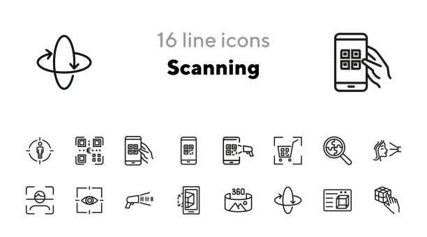Scanning line icon set Scanning line icon set. Barcode, eye scanning, face detection. Identification concept. Can be used for topics like identity, access, recognition medical scan stock illustrations